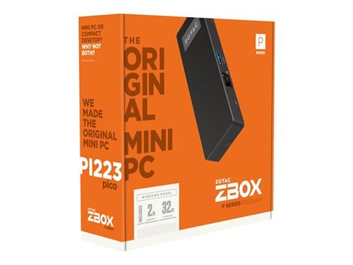 ZOTAC ZBOX P Series PI223 pico - Mini PC - Atom x5 Z8350 / 1.44 GHz - RAM 2 Go - SSD - eMMC 32 Go - HD Graphics - GigE - LAN sans fil: 802.11a/b/g/n/ac, Bluetooth 4.2 - Windows 10 32-bit - moniteur : aucun