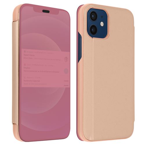 Avizar Housse pour iPhone 12 Mini Clapet translucide Design Miroir Support Vidéo Rose