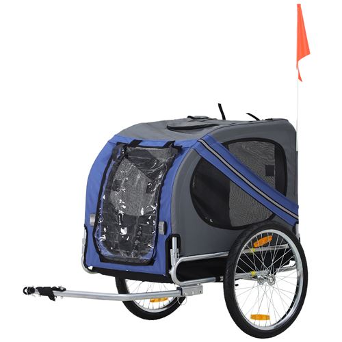 Meilleurs prix pour Remorque vélo pour chien animaux pliable 8 réflecteurs drapeau barre attelage inclus acier polyester imperméable max. 30 Kg 130L x 73l x 90H cm bleu