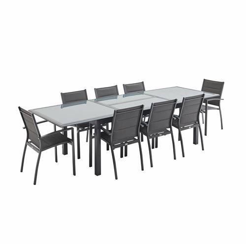 Salon de jardin table extensible - Philadelphie Gris anthracite - Table en aluminium 200/300cm plateau de verre rallonge et 8 fauteuils en textilène