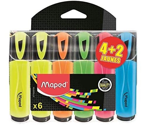 MAPED Assortiment de 4 surligneurs Classiques Bleu-rose-vert-orange + 2 Couleurs Assorties Jaune.