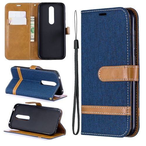 Etui en PU motif tissu de jeans de couleurs assorties avec support bleu foncé pour votre Nokia 4.2