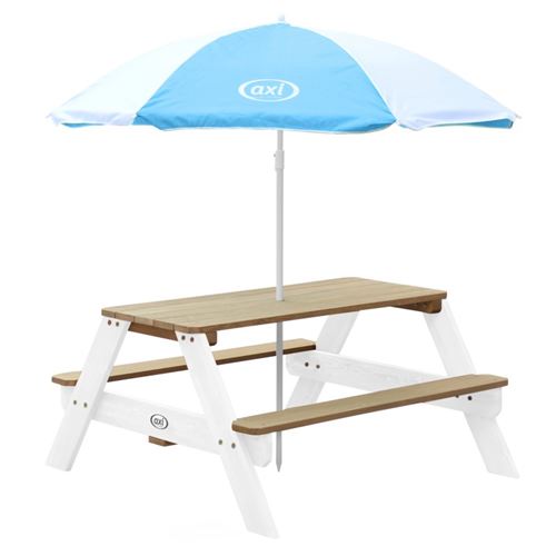 AXI Table Picnic NICK Brun Blanc avec parasol Bleu Blanc 98x95x49cm