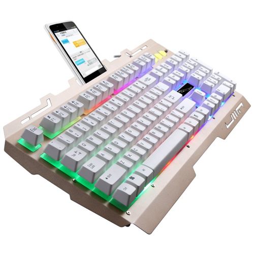 (#75) 104 Keys USB Wired Mechanical Feel RGB Backlight Metal Panel Suspension Gaming Keyboard with Phone Holder(Gold)