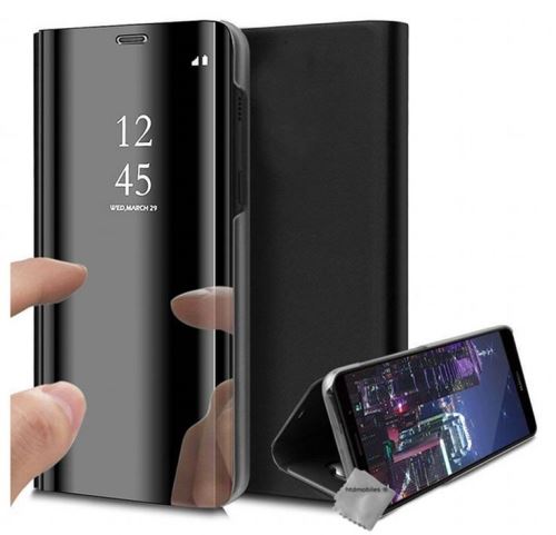 Housse portefeuille etui miroir clear view pour Xiaomi Mi Note 10 avec film ecran - NOIR