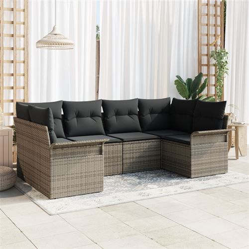 Canapé de jardin 6 pièces avec coussins gris en rotin synthétique