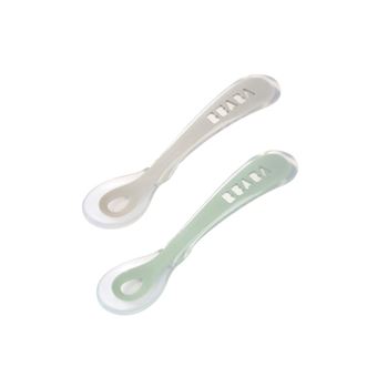 Lot 2 cuillères 2ème âge silicone avec boite de transport Vert sauge/Gris velours - 1