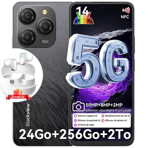 Blackview Shark 9 Smartphone 5G Téléphone Portable Android 6.67 24Go+256Go 5000mAh 50MP NFC Noir avec Blackview Airbuds 20