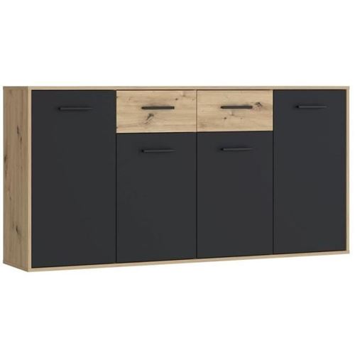 Buffet PILVI - Style contemporain - Particules mélaminées - Décor chêne et noir - 4 portes + 2 tiroirs - L 162,3 x P 34,2 x H 81,7 cm