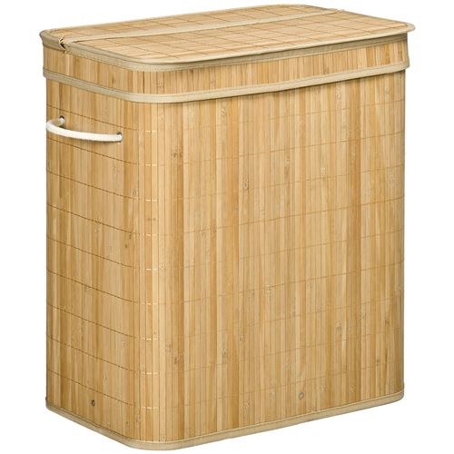 Non Communiqué Panier À Linge Corbeille À Linge Bac À Linge 100 L 2 Compartiments Couvercle Sac Amovible 2 Poignées Tissu Bambou