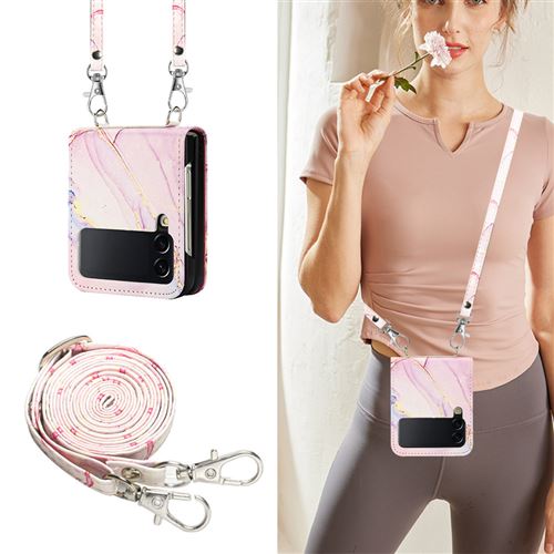 Coque Cuir Compatible Samsung Galaxy Z Flip 4 FONGWAN avec Lanière Bandoulière Marbrure - Rose or
