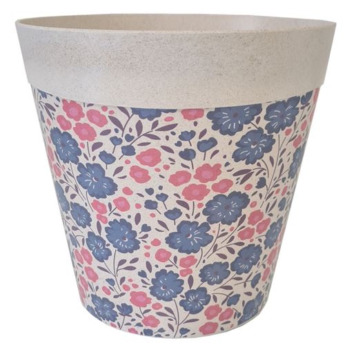 SUD TRADING Cache Pot en Bambou - Fleurs roses et violettes - 21 cm - Hauteur 21 cm - Diamètre 22 cm