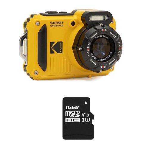 Pack Kodak PIXPRO WPZ2 Appareil Photo Num&eacute;rique Sous-Marin 15m 16MP Jaune WiFi + 1 Carte SD 16Go