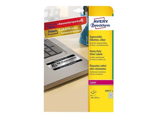 Avery - Polyester - mat - permanente kleeflaag - zilver - A4 (210 x 297 mm) 8 etiket(ten) etiketten