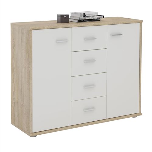 Buffet ELODIE, en mélaminé décor chêne sonoma et blanc mat
