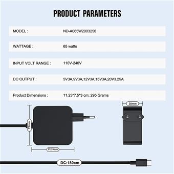 Chargeur USB-C 65W Pour Ordinateur Portable - Adaptateur Secteur Compatible Huawei, MacBook, Chromebook, HP