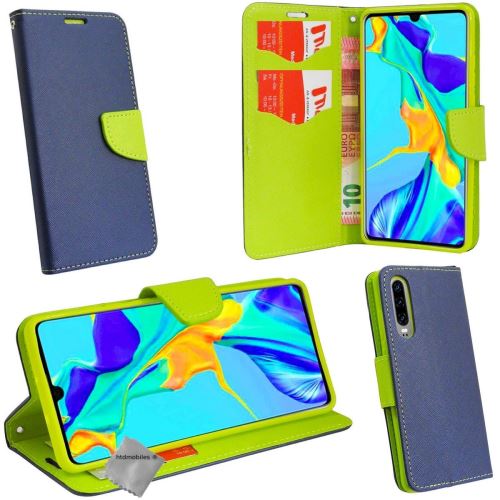 Housse etui coque pochette portefeuille pour Huawei P30 avec verre trempe - BLEU / VERT