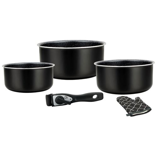 Herzberg Hg-8051: Cocotte En Terre Cuite Revêtue De Marbre, 5 Pièces, Avec Poignée Amovible Noire