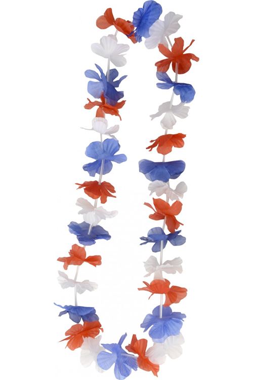 Collier hawaïen tissu tricolore bleu/blanc/rouge