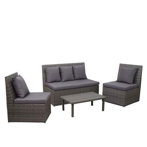Garniture en polyrotin HWC-G16, canapé 2 places, table d'appoint, 2x fauteuil ~ gris, coussin gris foncé
