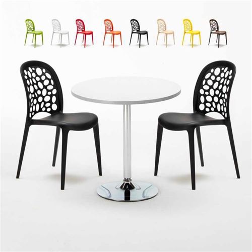 Table Ronde Blanche 70x70cm Avec 2 Chaises Colorées Set Intérieur Bar Café WEDDING LONG Island, Couleur: Noir