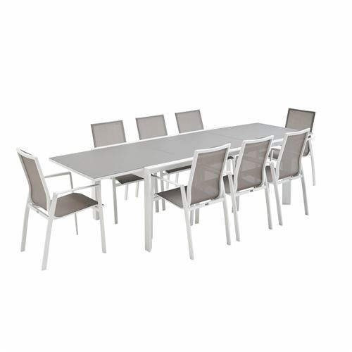 Salon de jardin table extensible - Washington Taupe - Table en aluminium 200/300cm plateau en verre dépoli rallonge et 8 fauteuils en textilène