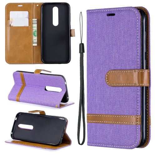 Etui en PU motif tissu de jeans de couleurs assorties avec support violet pour votre Nokia 4.2