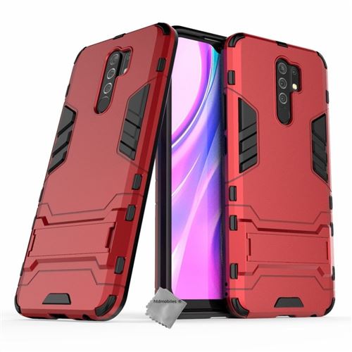 Coque rigide anti choc pour Xiaomi Redmi 9 avec verre trempe - ROUGE