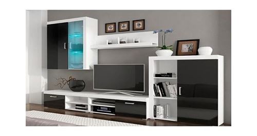 Home innovation - meuble de télévision, meuble de salon moderne avec leds, noir laqué et blanc mate. Dimensions : 290x200x45 cm de profondeur.