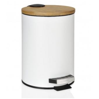 Poubelle De Salle De Bain En Metal Blanc Couvercle Bambou A Pedale