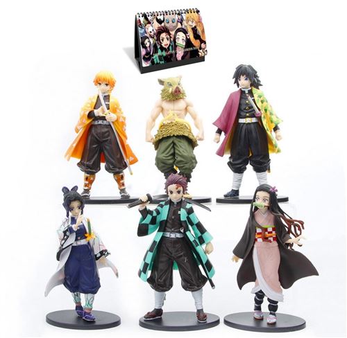 Set de 6 pièces Figurines Demon Slayer Tanjirou Nezuko Zenitsu Giyuu Shinobu Inosuke 16 cm avec Calendrier Demon Slayer 2022 en français