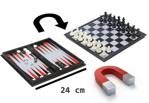 Jeu d'échecs / backgammon de voyage magnétique - boite pliable - 24 cm x 24 cm