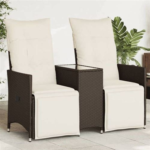 vidaXL Canapé de jardin inclinable 2 places avec table marron rotin, canapé de jardin, siège de jardin, meuble d’extérieur, 365716