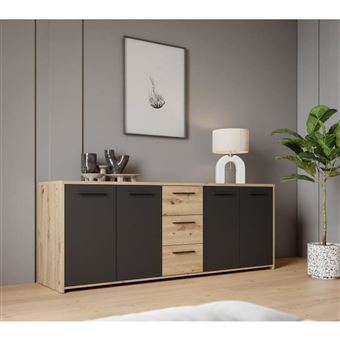Buffet bas PILVI 4 portes 3 tiroirs chêne artisan noir, 179,2 cm - 1