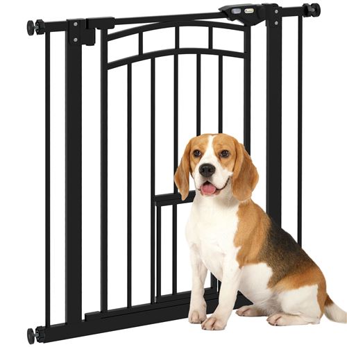 Barrière de sécurité chien, barrière d'escalier à fixation par pression sans percer, porte fermeture automatique, système de double verrouillage, 74 à 80 cm, acier, Noir