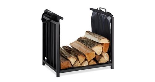Support bois de cheminée sac pour bûches, intérieur, design moderne, etagère, acier, hlp 50x51x37cm, noir