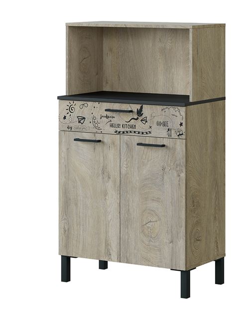 Buffet meuble de rangement de cuisine coloris gris anthracite/chêne à nœuds avec impression digitale -H126 x L72 x P40cm