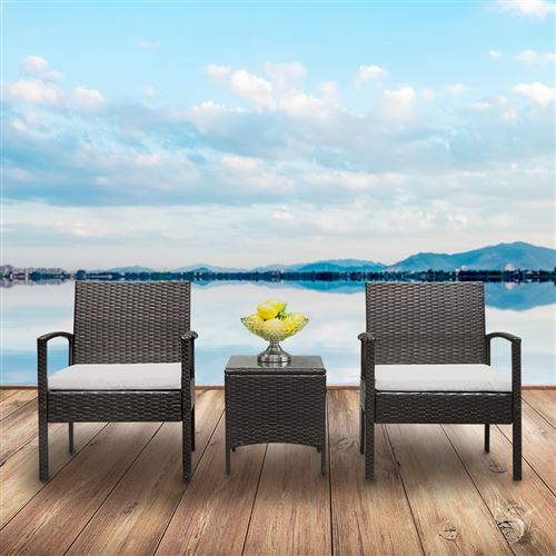 3-pcs set Salon de Jardin en résine tressée , Salon d'exterieur Mobilier de Balcon Patio Ensemble de Canapé, Coussins,Table