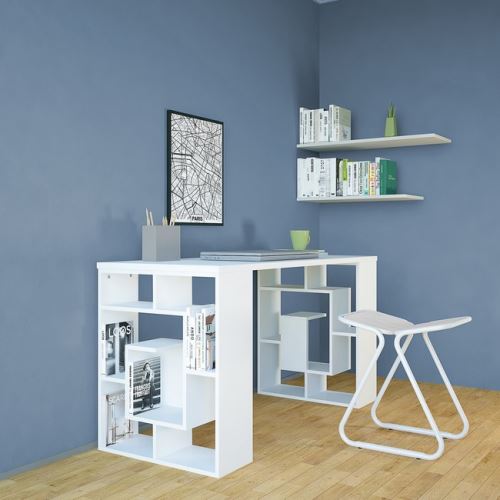 HOMEMANIA Bureau Carrie avec Compartiments - pour Bureau, Chambre - Blanc en Bois, 140 x 60 x 75 cm