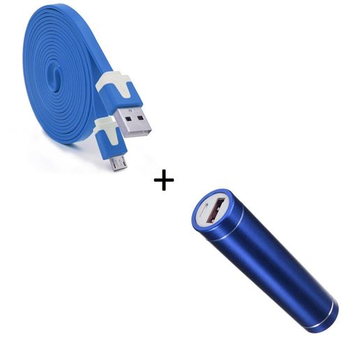 Pack Batterie pour HONOR 7 Smartphone Micro USB (Cable Noodle 3m + Batterie Chargeur Externe) Android 2600mAh (BLEU)