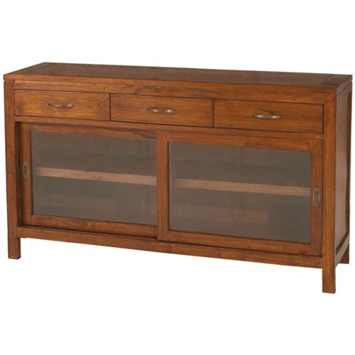 Buffet bois 2 portes coulissantes vitrées 3 tiroirs