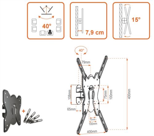 Support Mural pour Écran Plat Metronic Support TV Inclinable et Orientable pour TV 42 à 55" (106 à 140 Cm)