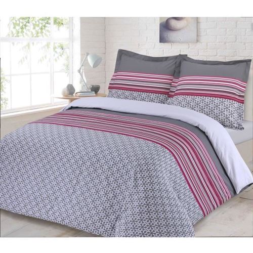Vision Parure De Couette Tracy 100% Coton - 1 Housse De Couette 220x240 Cm + 2 Taies Doreillers 65x65 Cm - Gris Et Rose