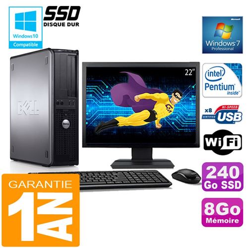 PC Dell 780 Dt Intel E5300 Ram 8Go Disque 240 Go SSD WiFi W7 Ecran 22'