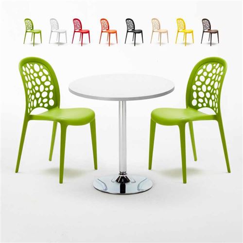 Table Ronde Blanche 70x70cm Avec 2 Chaises Colorées Set Intérieur Bar Café WEDDING LONG Island, Couleur: Vert