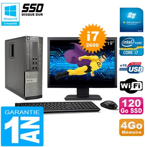 Pc dell 990 sff core i7-2600 ram 4go disque 120go ssd graveur wifi w7 ecran 19'