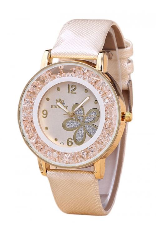 OHP Montre femme fleur - Montre bracelet en quartz en strass - Beige .