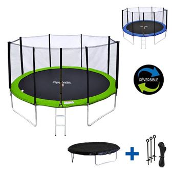 Pack Premium Trampoline 370cm réversible vert / bleu PERTH + filet, échelle, bâche et kit d'ancrage - 1