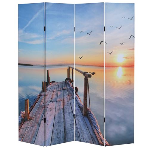 Paravent / cloison de séparation T234, 4 pans motif coucher de soleil 180x160cm