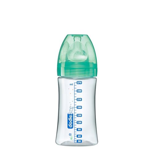 Dodie biberon initiation+ 270ml transparent valentin vert 0-6 mois tétine ronde 3 vitesses débit 2